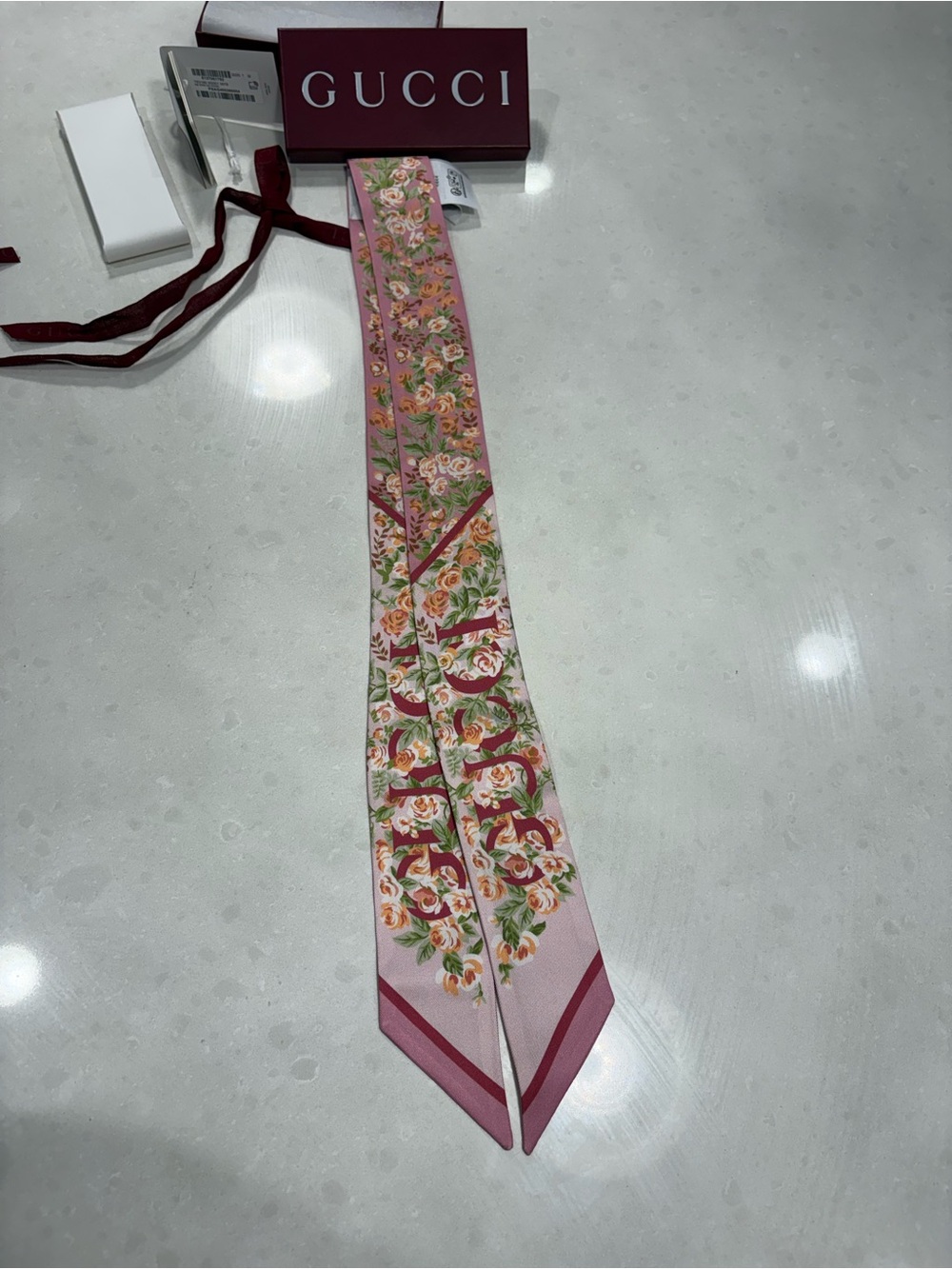 Gucci Pink Floral Silk Hair Scarf with Rose Print - Picture 10 of 10